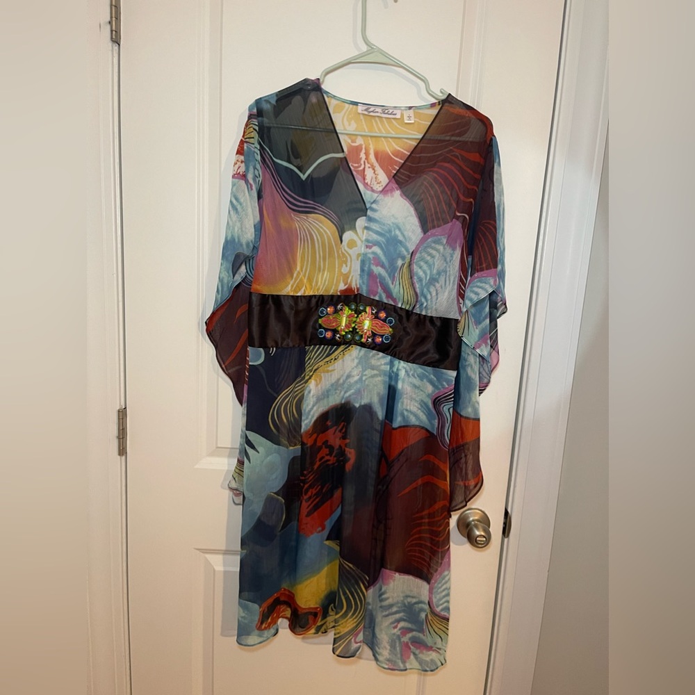 Meghan Fabuluous Colorful Printed Embroidered Sheer Caftan/ Swim Cover Up Size L